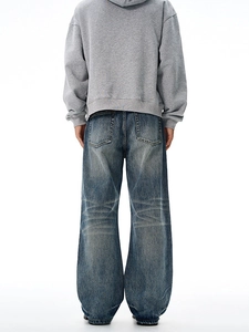 Jean évasé rétro pour hommes avec délavage vintage et coupe droite large tendance
