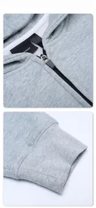 Detail view of smooth black zipper and thick ribbed cuffs on a gray hooded jacket