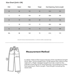 Detailed size chart for American vintage deconstructed baggy jeans from XS to XXL