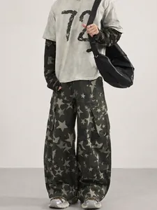 Men's High Street Star Print Cargo Jeans Loose Wide Leg Streetwear Cotton Denim Pants Vintage Cargo Trousers For Men