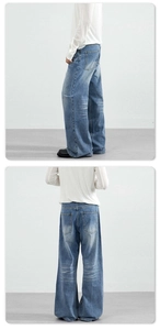 Vue latérale et arrière du jean droit décontracté bleu clair avec texture délavée