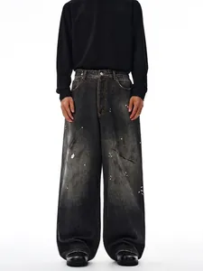 Men's High Street Retro Washed Black Gray Denim Jeans Loose Wide Leg Straight Pants with Paint Splatter Splash Ink Design