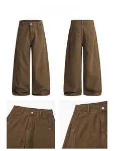 Detail display of brown wide-leg trousers featuring metal buttons and five-pocket design