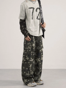 Men's high street loose wide-leg green jeans with star pattern and vintage streetwear style