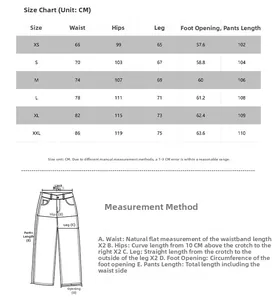 Tableau des tailles pour pantalon vintage incluant taille, hanches et longueur de jambe