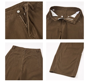 Detail view showing metal zipper fly and silver button on brown twill denim pants