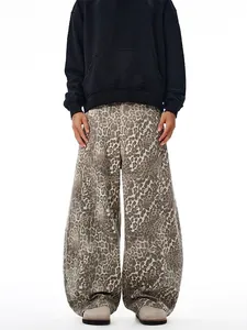 Jeans da Uomo Retro con Stampa Leopardata a Gamba Larga Pantaloni in Denim Oversize Lavati Hip Hop Streetwear Larghi