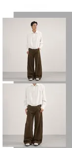 Men's street fashion set with white long sleeve shirt and brown wide leg utility pants