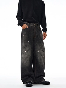 Men's retro oversized straight-leg jeans with paint splatter and vintage wash effect