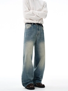 Vintage washed gradient straight-leg denim jeans with relaxed fit in mid-blue