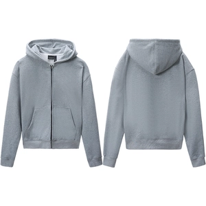 Gray oversized zip-up hoodie with front and back views in a cleanfit minimalist style