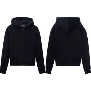Classic black zip-up hoodie featuring a loose cleanfit style and ribbed cuffs for casual wear