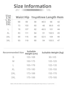 Detailed size chart for quick-dry parachute pants including waist and length measurements