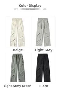 Detail view of quick-dry straight pants in apricot, light grey, army green, and black