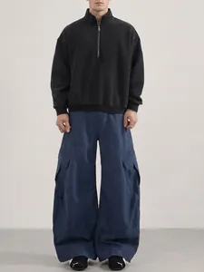 Pantalon Cargo Homme Rétro Ample Jambe Large Multi Poches Droit en Denim de Coton Streetwear Vintage Casual