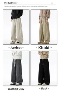 Detailed grid view of loose fit cotton casual pants in apricot, khaki, grey and black