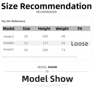 Size chart and try-on guide for men's black straight leg wide denim trousers
