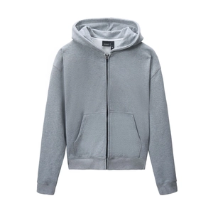Classic grey zip-up hoodie featuring a front kangaroo pocket and ribbed cuffs in a clean fit