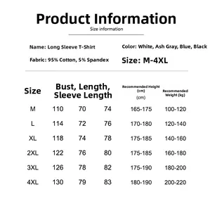 Size guide for men's long-sleeve cotton T-shirt showing detailed body measurements in CM