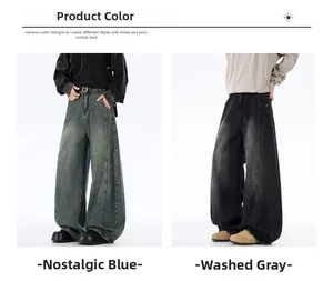 Detail view of retro blue and faded grey wide-leg jeans with vintage washed denim texture