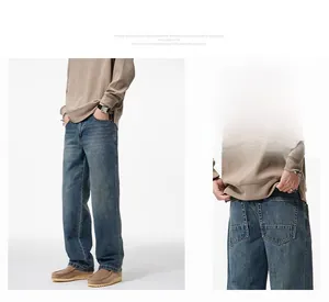 Vue détaillée du jean vintage américain coupe droite et large pour homme en bleu foncé