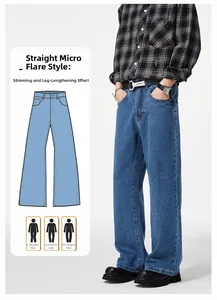 Detailed view of dark blue flare denim jeans with washed texture and clean fit tailoring