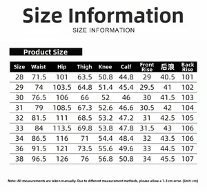 Tableau des tailles détaillé pour jeans homme avec mesures précises en centimètres