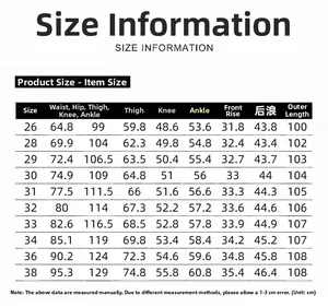 Detailed size chart for men's wide-leg denim pants showing waist and hip measurements