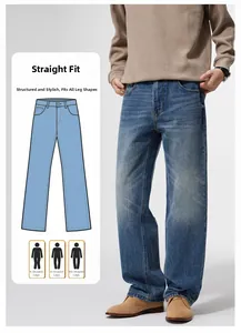 Detail view showing men's straight blue jeans with orange contrast stitching and fit guide