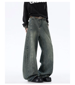 Detailed close-up of retro washed blue wide-leg jeans with vintage distressed texture