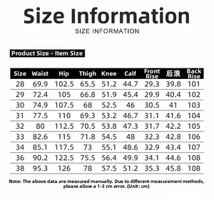Detailed size chart for men's straight leg jeans with waist and length measurements