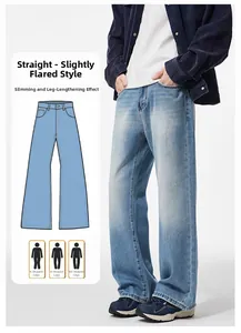 Detail of light blue straight-leg jeans showing the washed denim texture and fit