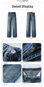 Détails du jean bleu vintage à coupe droite avec fermeture éclair SBS et bouton en métal