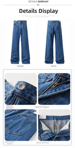 Detail view of denim jeans featuring SBS metal zipper, matte buttons and contrast stitching