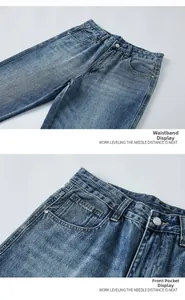 Détails de la taille et des poches avant d'un jean avec surpiqûres jaunes contrastées