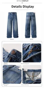 Detailed views of vintage washed blue wide-leg jeans with SBS zipper and metal button