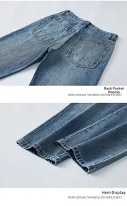 Détails des poches arrière et de l'ourlet sur ce jean délavé bleu clair de qualité