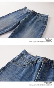 Detailed close-up of retro copper buttons and neat stitching on blue denim jeans