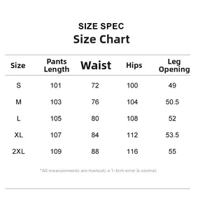 Detaillierte Größentabelle für Vintage-Stoffhosen von S bis 2XL mit allen Maßen