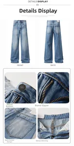 Detail shots of light blue flared jeans showing metal buttons and reinforced stitching