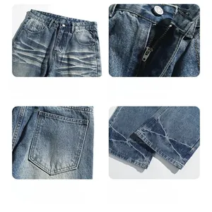 Dettagli macro di jeans blu lavato retrò con texture baffi di gatto e cuciture di alta qualità