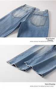 Detailed views of back pockets and frayed hem on light blue wide-leg denim jeans