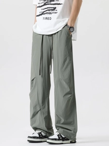 Men's grey wide-leg quick-dry cargo pants with drawstring and loose straight-cut design