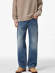 Men Washed Blue Straight Wide Leg Jeans Casual Retro Loose Denim Trousers Solid Color Fashion Streetwear For Men