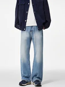 Men American Vintage Light Blue Washed Micro Flare Jeans Loose Wide Leg Cleanfit Denim Pants Distressed Streetwear
