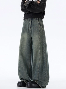 Mens retro wide leg jeans with washed vintage grey denim and loose straight fit style