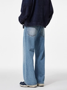 Men's light blue wide-leg jeans with washed vintage finish and relaxed fit silhouette