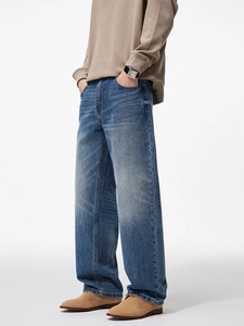 Men's wide-leg straight denim jeans in washed blue finish with a relaxed loose fit
