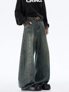 Vintage dirty wash wide-leg denim pants for men with street style oversized fit