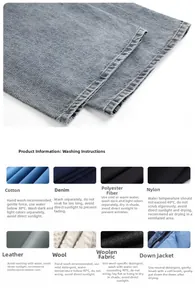 Detaillierte Textilpflegeanleitung für hellblaue Jeans mit Waschanweisungen